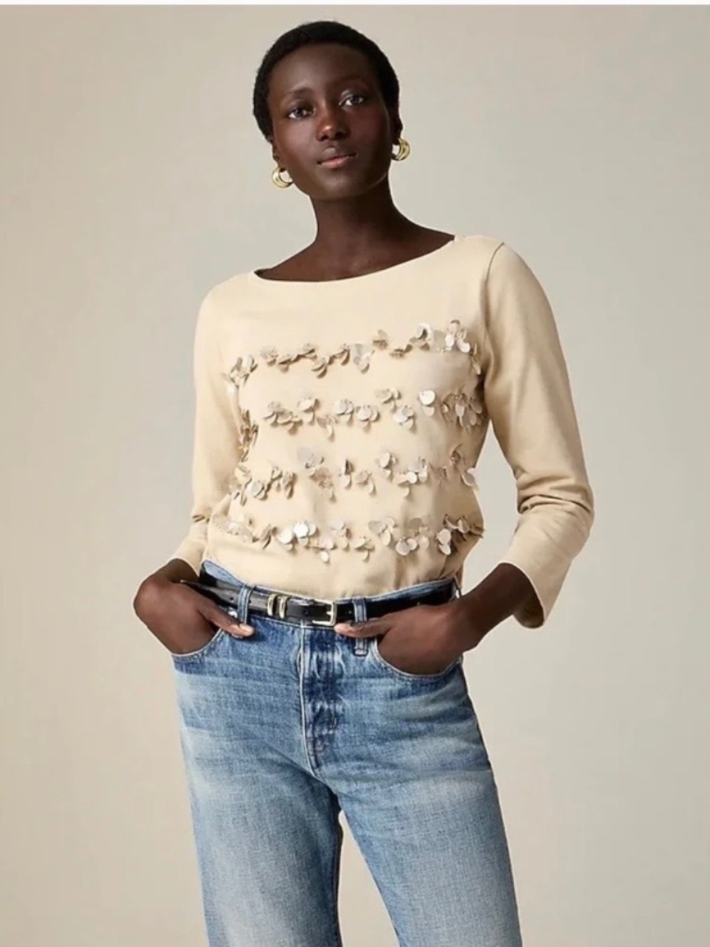 J. Crew Beige Long Sleeve Embellished Beaded Tee Shirt size 2x